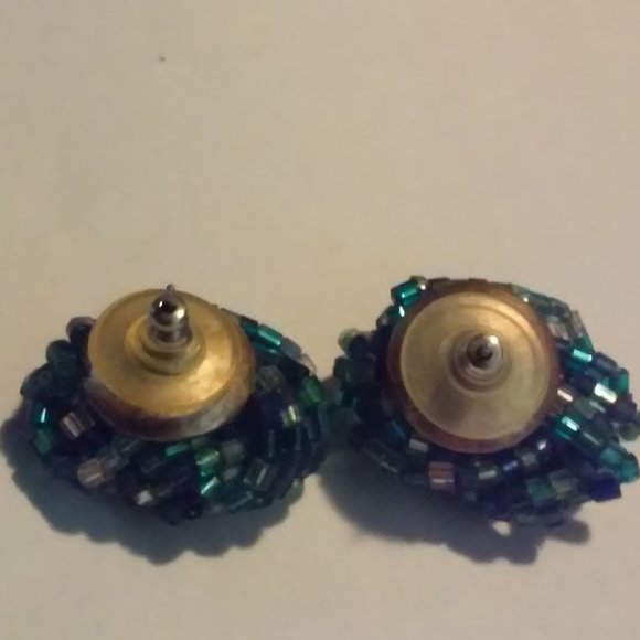 Vintage Pierced Earrings Blue Green Clear Beads 1" - Picture 2 of 2